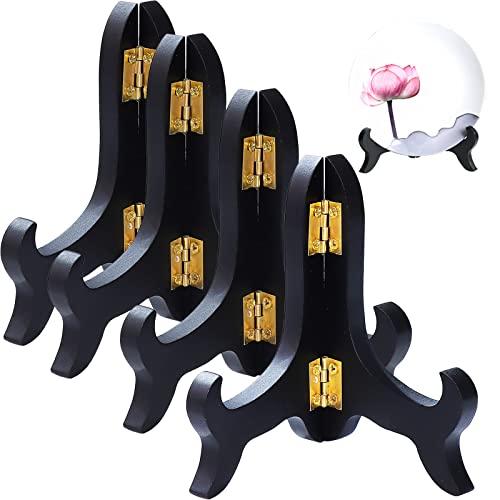 4 Pieces Black Wooden Easel Mahogany Finish Display Stand Plate Holder for Picture Frame Folding Display Stand (4 Inches)