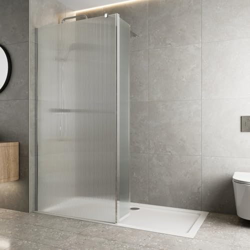 Baystone 900mm Wet Room Shower Screen Panel 8mm Fluted Toughened Safety Easy Clean Glass Walk in Shower Enclosure + Hinged Return Panel, Frameless, Chrome