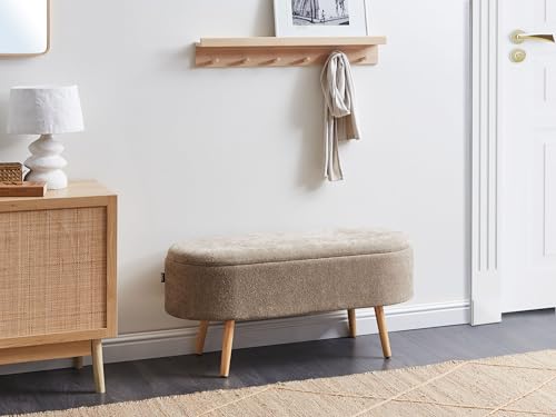 Panca In Tessuto Cinigliato Marrone Chiaro Con Gambe In Legno Di Pino E Contenitore Per Camera Da Letto, Soggiorno E Accessori - 2