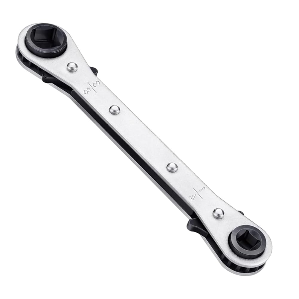 HVAC Service Wrench Tools, Quad Ratchet Spanner with 4 Sizes 3/8'' 1/4'' 5/16'' 3/16'', Bi-Directional Reversible Ratcheting Refrigeration Wrench for Air Conditioning & Refrigeration Equipment Repair