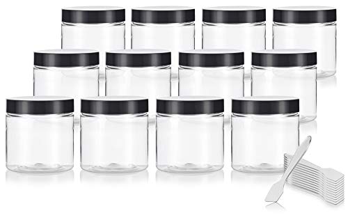 4 oz Clear Plastic PET (BPA Free) Travel Jar with Black Smooth Lid- (12 Pack) + Spatulas