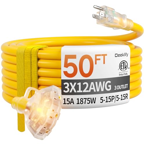 Deeklify 50 ft 12 Gauge Heavy Duty 3 Outlet Extension Cord Splitter with Indicator Waterproof Outdoor Extension Cord with Multiple Outlets 15A 1875W for Garden ETL Listed Flexible Yellow SJTW