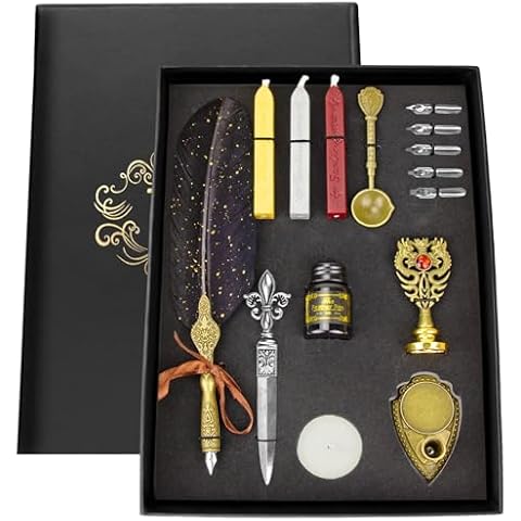 Calligraphy Pen Set, Feather Pen, Calligraphy Pen Set, Quill And Ink Set, Calligraphy Set For Beginners, Feather Pen And Ink Set, Quill Pen And Ink Set, Wax Stamp Set With Golden Black Feather Pen Cover
