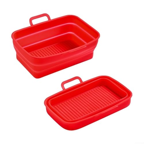 2 cestas plegables para freidora de aire, forro de silicona para freidora de aire para doble olla, accesorios rectangulares reutilizables (19,5 x 12,7 x 7 cm) (rojo)