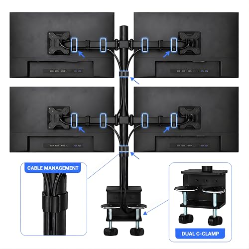 Image of BIJASANI Quad 4 Monitor Stand | 2+2 Stacked Dual-Arm Layout | Large Dual C-Clamp | 810mm Single-Pole | 10 KG Per Arm | 10-32 inch | Tilt Swivel Rotation | 3 Year Warranty | Trading Gaming WFH