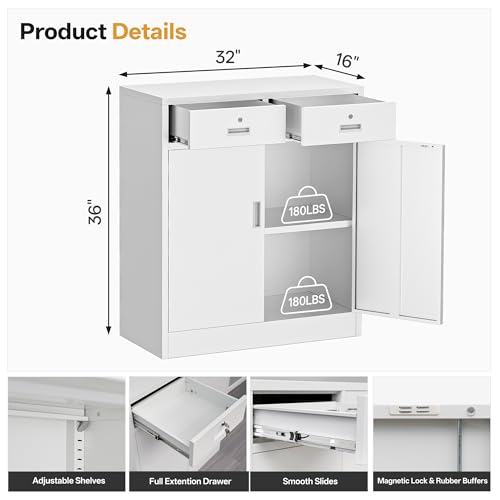 Metal Storage Cabinet with 2 Drawers 36" H,White Metal Garage Cabinets with 2 Lockable Doors and Adjustable Shelves Easy to Assemble for Home Office, Kitchen,Pantry,Garage,Warehouse