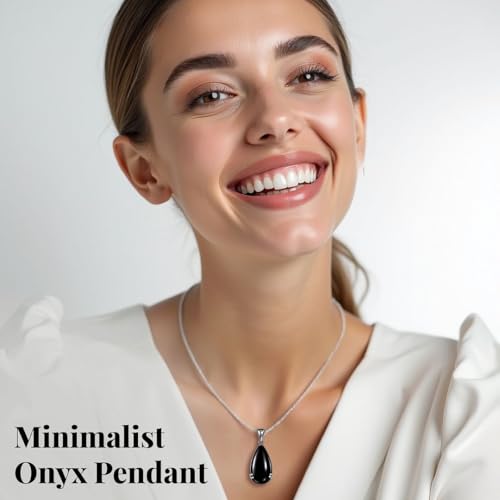 Onyx Necklace in 925 Sterling Silver - Black Teardrop Pendant Necklaces for Women - Silver Boho Pendant Birthstone Necklace with Stainless Steel Chain - 20" Birthday Gifts for Women4