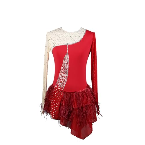 Vestido profissional de patinação artística vermelho manga longa com strass feminino meninas skate c
