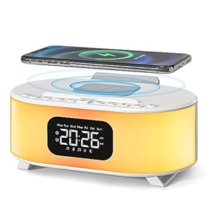 Digital Alarm Clock, Wireless Charger, Bluetooth Speaker, Snooze, Dual Alarms Sleep Timer 12 24H, Natural Sounds, Adjustable Night Light for Bedroom with 12 Colors, Ideal Gift for Heavy Sleepers