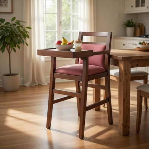 Image of Solid Sheesham Wood Baby High Chair with Removable Tray | Feeding Chair for Babies & Todlers (6 Months-5 Years) | Cushioned Seat with Safety Harness | Premium Walnut Finish
