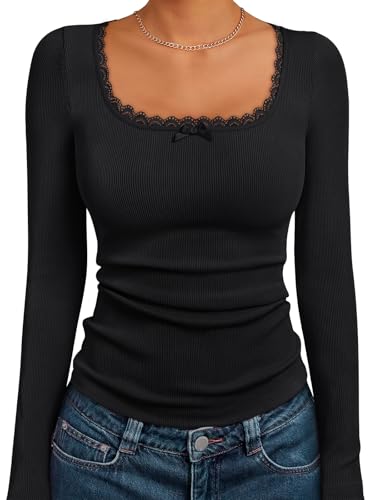 Trendy Queen Womens Long Sleeve Shirts Crop Square Neck Ribbed Tops Basic Slim Fit Y2K Fall Winter Clothes Outfits 2025