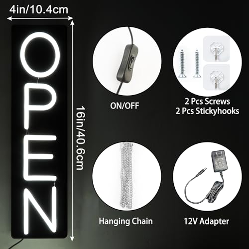 Image of Open Signs for Business 12V /2A Ultra Bright LED Neon Open Sign 16 Inch Lighted Open Sign Electric Light Up Open Sign for Business Storefront Window Glass Door Retail Shop Store Bar Salon Restaurant,Vertical White