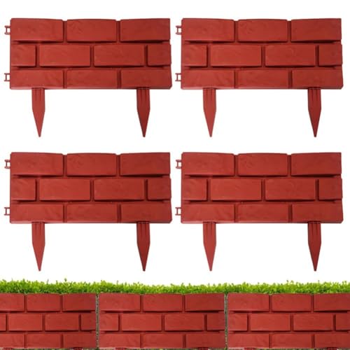 Entgoinggo Juego de 4 vallas de borde de jardín de plástico para césped, parterre, valla de patio, resistente a la intemperie, resistente a la intemperie, valla con efecto de ladrillo (rojo)