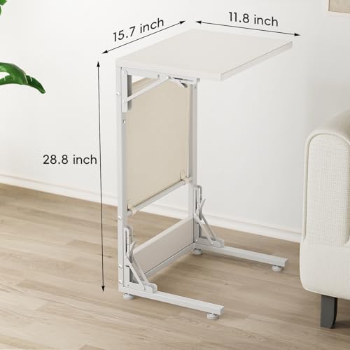Image of Folding TV Tray Table, 28.8 inch Tall C-Shaped Side Table for Couch and Bed, Slide Under Sofa Side Desk with Storage Bag - Sturdy Metal Frame Tray for Living Room, Bedroom, Home & Office (White)