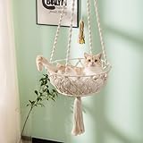MEWOOFUN Cat Hammock Hanging Macrame Bed, Handwoven Cat Swing Bed Window Perch with Washed Cotton Mat & Funny Cat Toy for Kitten Sleeping Playing