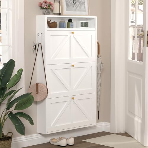 Image of Modern Slim Shoe Organizer, 3 Flip Shoe Cabinet with Open Storage, Narrow Shoe Rack for Entryway, Front Door, Living Room, White