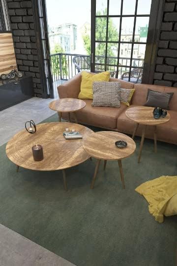 Walnut/White Coffee Table Set/Wooden Round Large Coffee Table with Laser Engraving, Modern Rustic Side Table Wood Art Solid Nesting Tables