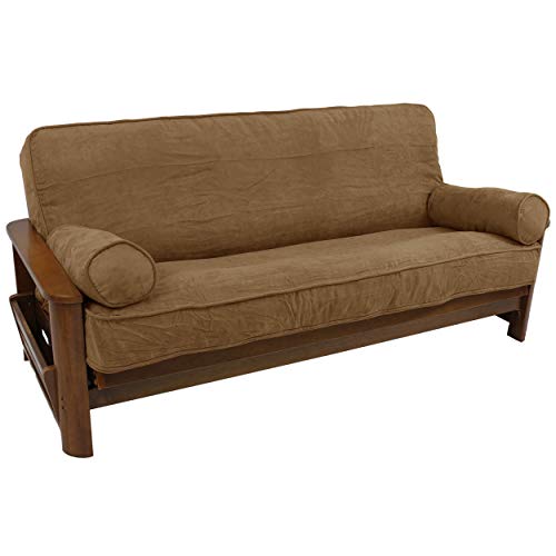 Blazing Needles Solid Microsuede Double Corded 8" to 9" Futon Cover Set with 2 Bolster Pillows (Set of 3), Full, Saddle Brown