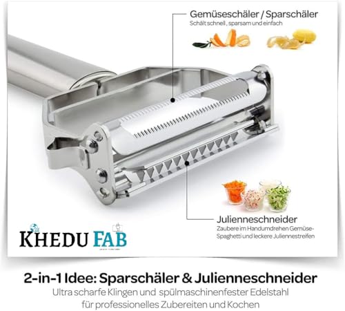 Image of Khedu Fab 2-in-1 Stainless Steel Vegetable & Fruit Peeler - Julienne & Serrated Blades - Double-Edged Swivel Design for Bidirectional Peeling - Ergonomic Handle - Dishwasher Safe (Pack of 1)