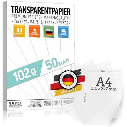 50 Blatt Blatt Transparentpapier bedruckbar DIN A4 PREMIUM 102g...