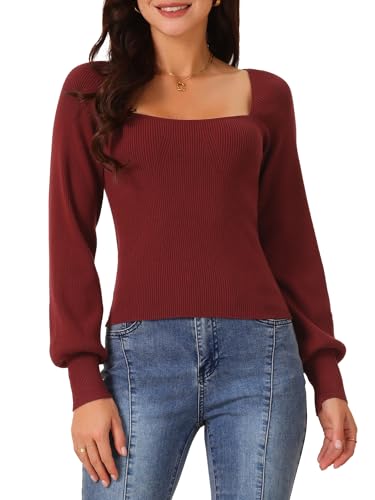 Image of Seta T Women's Square Neck Long Sleeve Sweaters Casual Ribbed Knit Fitted Pullover Sweater Tops