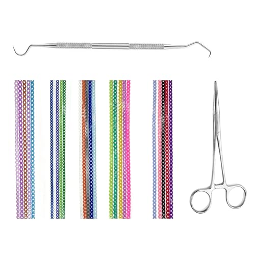 25Pcs Colorful Orthodontic Power Chain Bands Kit 8in Continuous Elastic Rubber Chains for Braces with Tool DIY Replacement Set