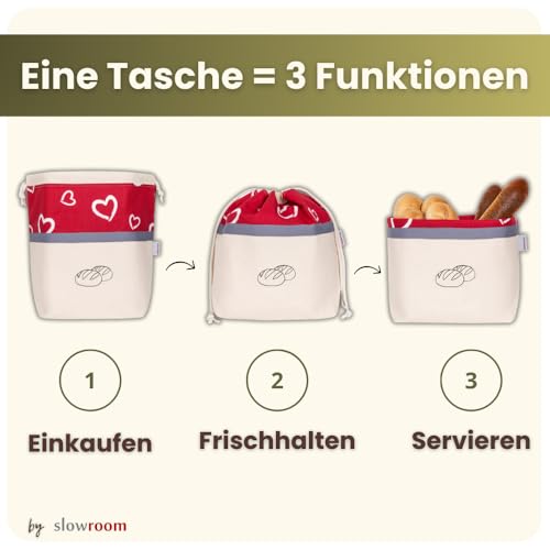Foto von slowroom Brotbeutel zur Brotaufbewahrung und Frischhalten 3 in 1 - Brotkorb Stoff  - Brottasche aus Baumwolle - Brotkasten 32 x 35 cm, Herzen