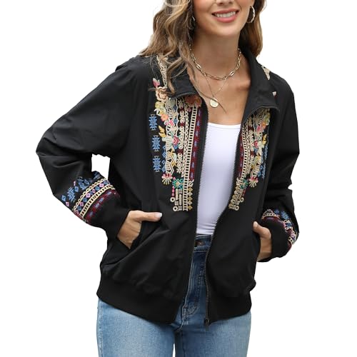 Grosy Boho Embroidered Bomber Jacket Women Fashion Floral Windbreaker Mexican Lightweight Zip Cropped Coat Fall Winter4