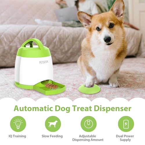 PETGEEK Dog Food Dispenser Toy, Interactive Pet Toys Treat Dispensing for IQ Training, Automatic Dog Treat Dispenser with Button Remote Push, Dual Power Supply for Indoor Outdoor Use, Green Color