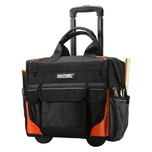 HAUTMEC 14.5" Rolling Tool Bag With Wheels Portable Toughbuilt Tool Bag With Adjustable Telescoping Handle Wide Mouth Storage Organizer Perfect Mens Gifts, 600D Orange