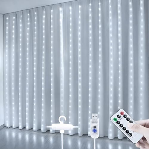 Image of One94Store Fairy Curtain String Lights for Wall Decoration, USB Powered 300 LED's, 8 Flashing Modes, Window Backdrop Lights for Bedroom, Party, Diwali, Christmas - (3x3 Meter) White