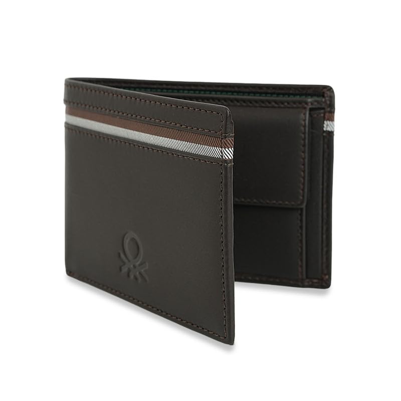 Image of United Colors of Benetton Men Global Coin Wallet Wiltshire Brown Pure Leather Wallet for Men Original Bi Fold Design Top 10 Branded Leather Wallet Style with Dual Currency Slots