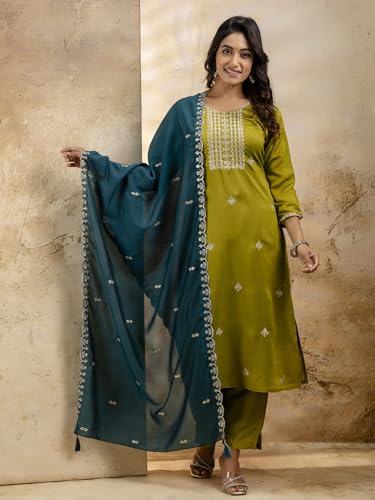 Image of VredeVogel Women's Silk Blend Embroidered Kurta with Pant & Dupatta Set | Modern & Traditional Blend Ethnic Wear | Festive & Casual Outfit