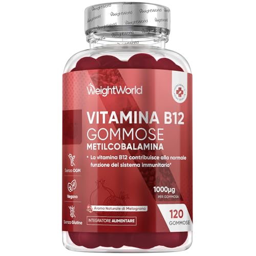 Vitamina B12 Metilcobalamina da 1000 mcg in 120 Caramelle Gommose Vegane (4 Mesi), La Vitamina B12 Contribuisce alla Normale Funzione del Sistema Immunitario (EFSA), Aroma di Melograno, Senza Glutine