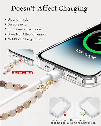 Image of Marble Beaded Phone Wrist Strap for Women, Detachable Design | 304 Steel Core, detachable phone wristlet with tether tab, keeps your phone secure for shopping, travel and daily use.
