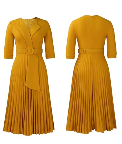Image of SOMTHRON Women's Elegant 3 /4 Sleeve Blazer Dress V Neck Lapel Pleated Business Work Swing Midi Dress with Belt