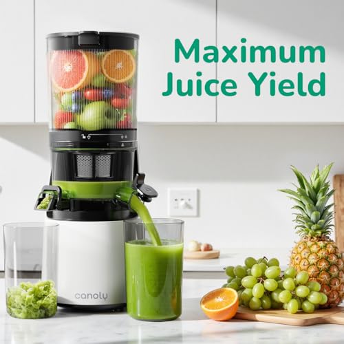 Image of Canoly C16 Cold Press Juicer, 6 inch Extra Wide Feed Chute, 3-IN-1 Strainers (Juice & Sorbet & Nut Milk), Powerful AC Brushless Motor, Self Precut System, Juicer Machines with BPA-Free (Pearl White)