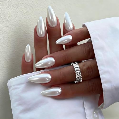 SXVME Chrome Press on Nails Almond, Milky White Fake Nails Medium with a Glazed Mirror Finish, Shimmer Chrome Nails Press ons, Stiletto Gel Glue on Nails for Women Wedding 24 Pcs