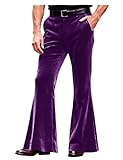 Men's Shiny Velvet Flare Pants Vintage 70s Bell Bottom Pocket Plain Christmas Party Trousers, Eggplant, 6X-Large