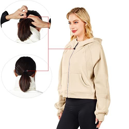 Xikuka Womens Zip Up Hooded Sweatshirts Fleece Lined Collar Pullover Sweatshirts Long Sleeve Crop Tops Sweater Thumb Hole Apricot Large #TOP4