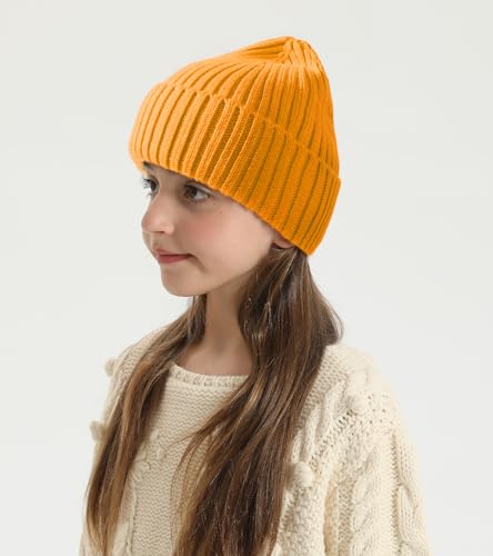 Kids Merino Wool Beanie Hat,Unisex Children Warm Winter Cuffed Ski Caps Classic Knitted Skull Caps for Boys Girls 7-14Y4