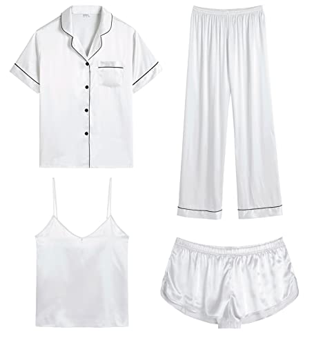 Image of SWOMOG Womens Silk Satin Pajamas Sets 4pcs Sleepwear Sexy Cami Shorts Set and Button Down Short Sleeve Pjs Loungewear