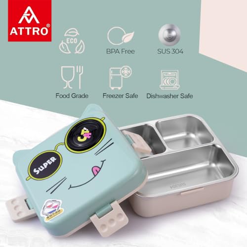 Image of ATTRO Carnival Super Cat Lunch Box 2 Layer Stainless Steel Lunch Box Comes with 1 Detachable Tray, 1 Small Container & 1 Spoon Ideal for Kids BPA Free 1120ml+70ml- Blue