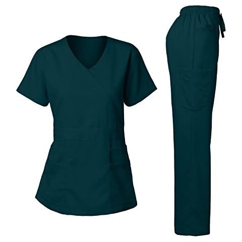 Dagacci Medical Uniform Women's Scrubs Set Stretch Ultra Soft Y-Neck Wrap Top and Pants Caribbean XS Cover