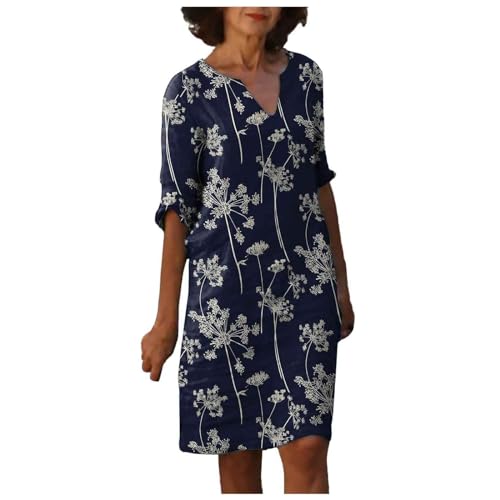 boseucn Leinenkleid Damen Sommer Knielang Leinenkleider A-Linie Leinen Kleid Vintage Feder Drucken Freizeitkleid V-Ausschnitt 3/4 Ärmel Sommerkleid...