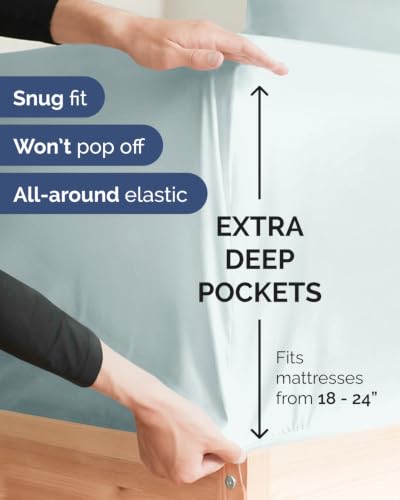 Image of Extra Deep Flex Top Split Head King Fitted Sheet - Hotel Luxury Single Fitted Sheet Only - Easily Fits 18 inch to 24 inch Mattress - Ultra Soft, Wrinkle Free w /Extra Deep Pockets - Ice Blue