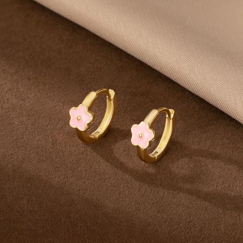 SLUYNZ Solid 925 Sterling Silver Pink Flower Earrings Hoop for Women Teens Cute Flower Hoop Earrings Huggie4