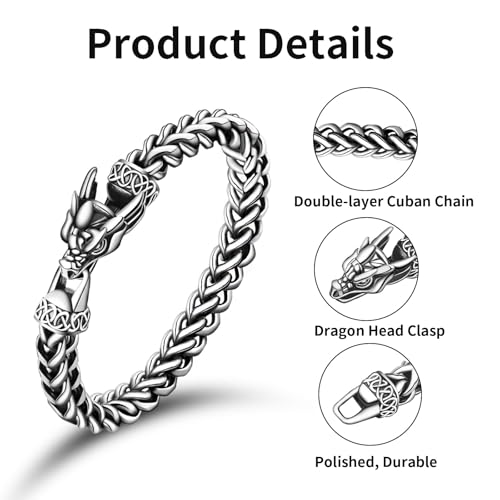 Stainless Steel Bracelet for Women, Ultra-small Size Dragon Viking Cuban Link, 10mm Width, 7.2 Inch Length, Fits Wrists up to 6 Inches Vintage Silver/Black Punk Jewelry Gifts2