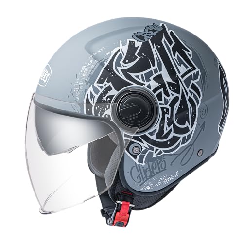 Image of Gliders Jet Trio D3 ISI Certified Open Face Graphic Helmet with Peak and Clear Visor (Matt Nardo Grey with Black, L)