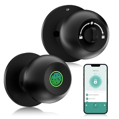 DINSTECH Fingerprint Door Lock, Rechargeable Smart Door Knob, Biometric Door Lock with App Control, Fingerprint Door knob, Bluetooth Smart Lock for Bedrooms, Apartments Offices, Hotels (Ink Black)